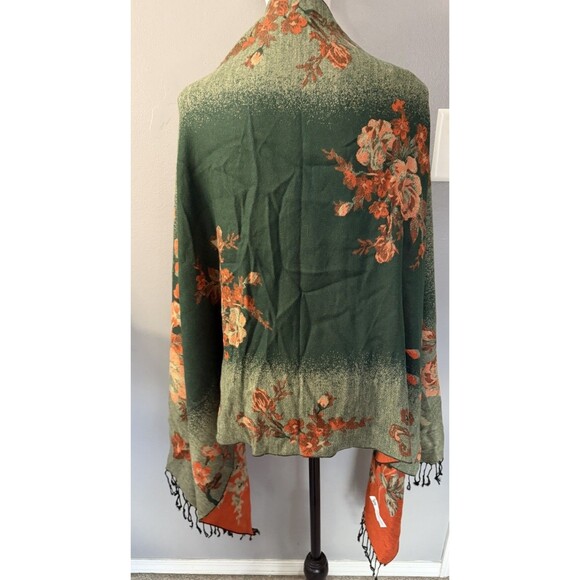 Pashmina 100% Cashmere Scarf Shawl Wrap Green Floral Reversible Black Fringe NWT - Picture 3 of 8